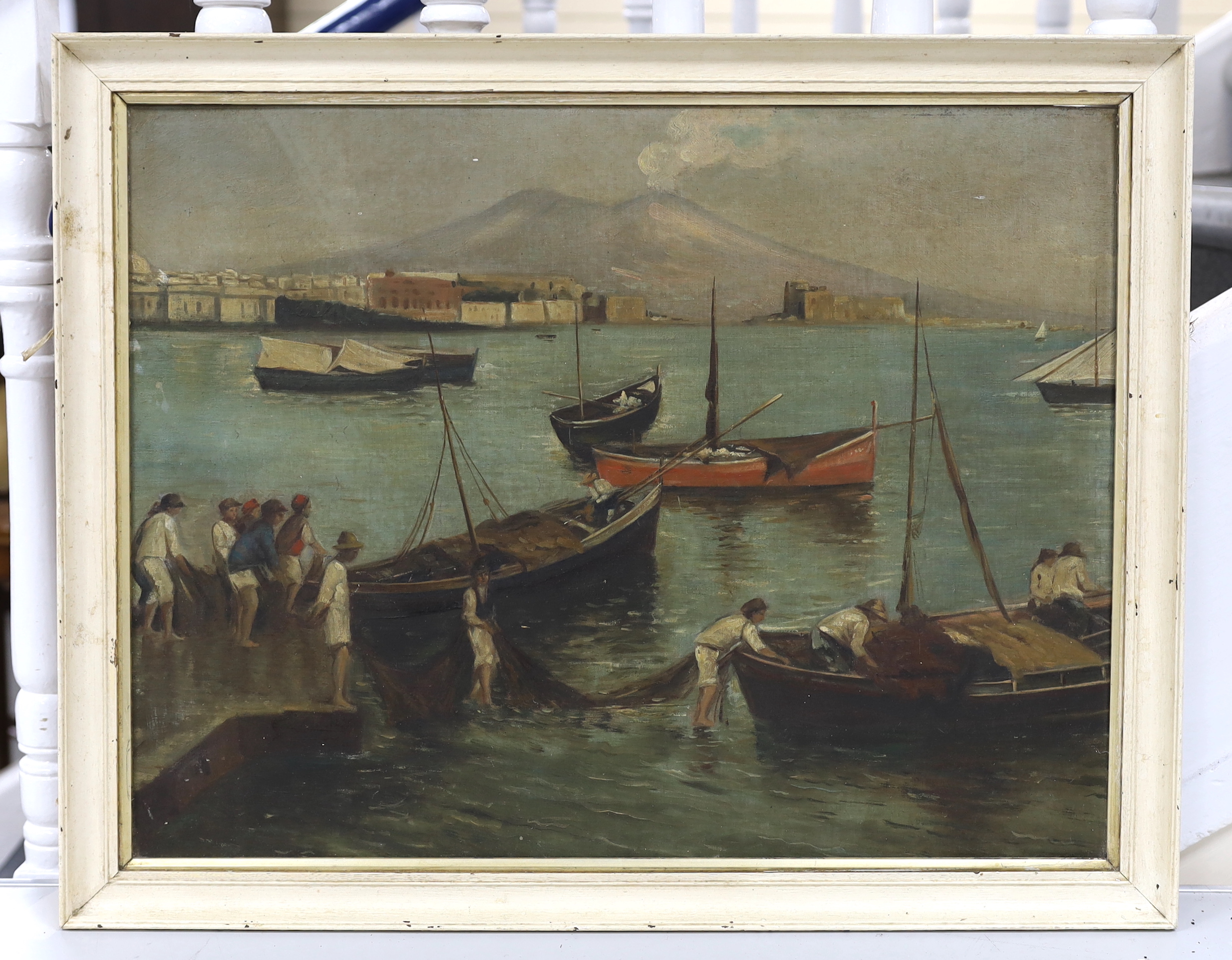 20th century school, oil on board, Continental harbour scene with fishermen and boats, 46 x 61cm